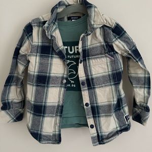 Okaidi 3A plaid shirt and t-shirt set